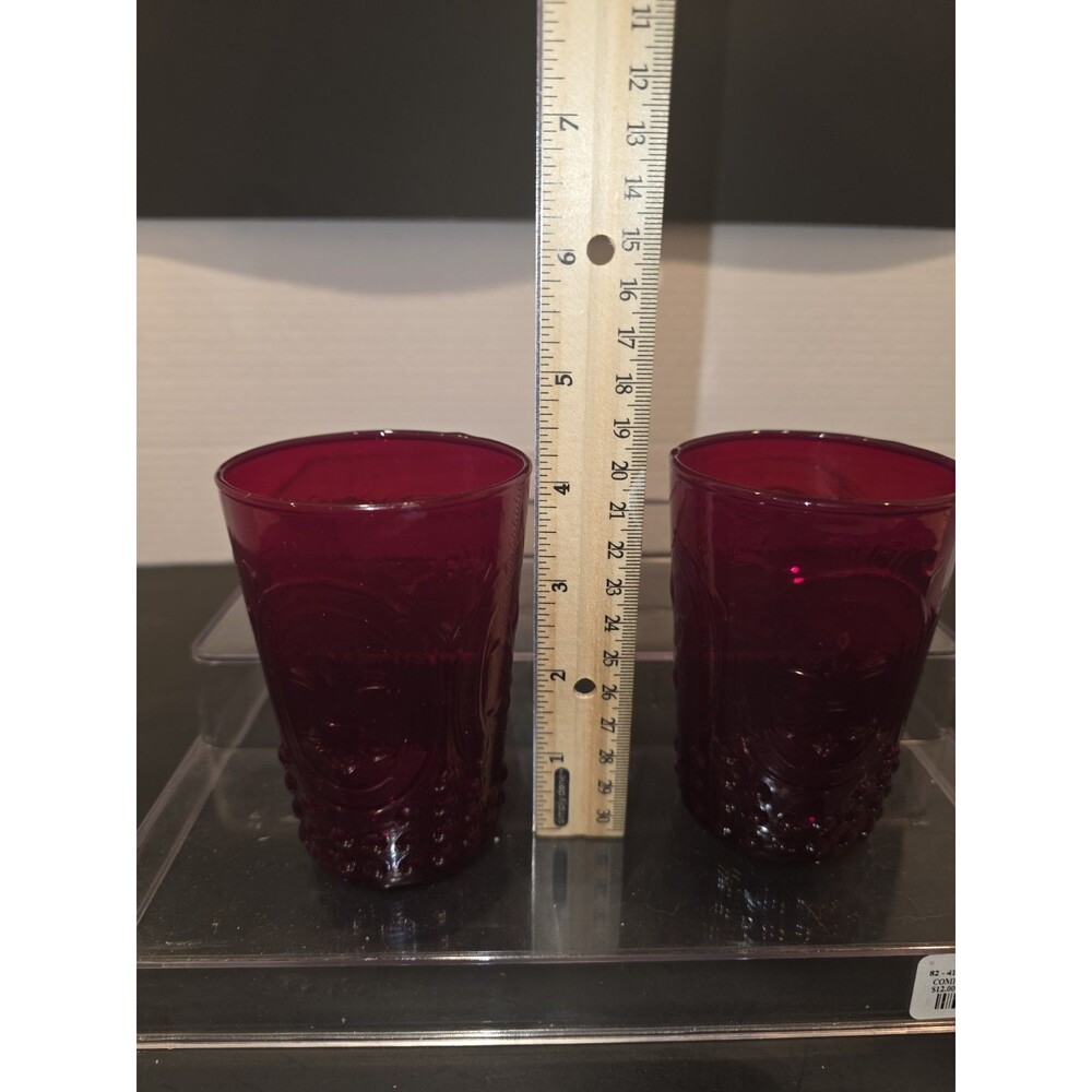 Set of 2 Ruby Red Glass Tumblers - Fleur De Lis Embossed Pattern - Vintage - Picture 4 of 5